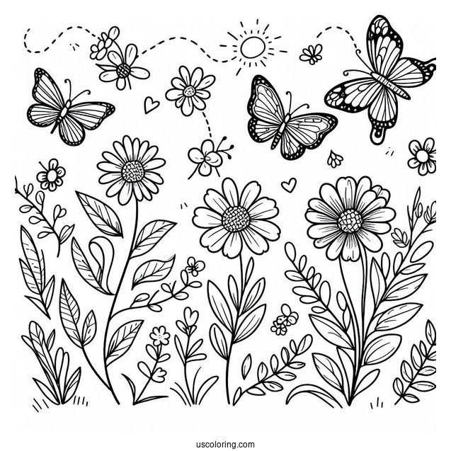 Cartoon Spring Coloring Page Butterflies And Flowers