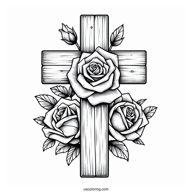 Wooden Cross With Roses To Color
