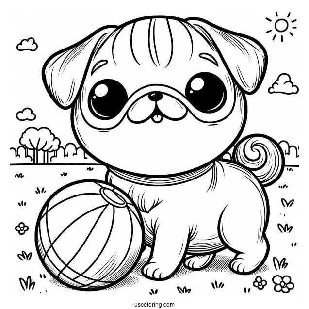 Cute Pug Coloring Page and Ball in the Park For Kids