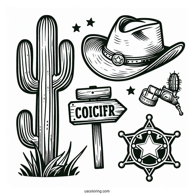Cowboy Coloring Page Hat, Sheriff s Badge, Cactus, And Wooden Road Sign
