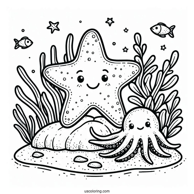 Cute Starfish Coloring Page On Rock Beside Octopus For Preschoolers