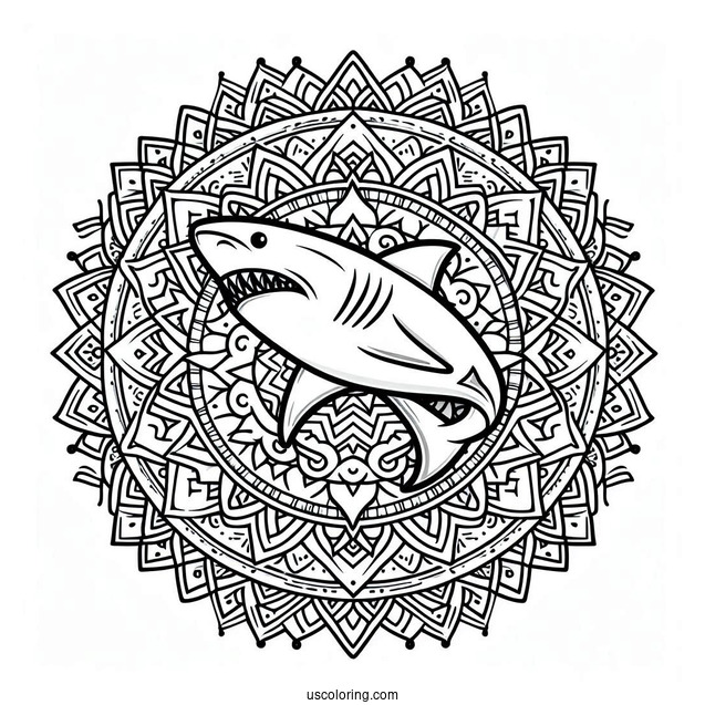 Mandala With Shark Coloring Page Outline