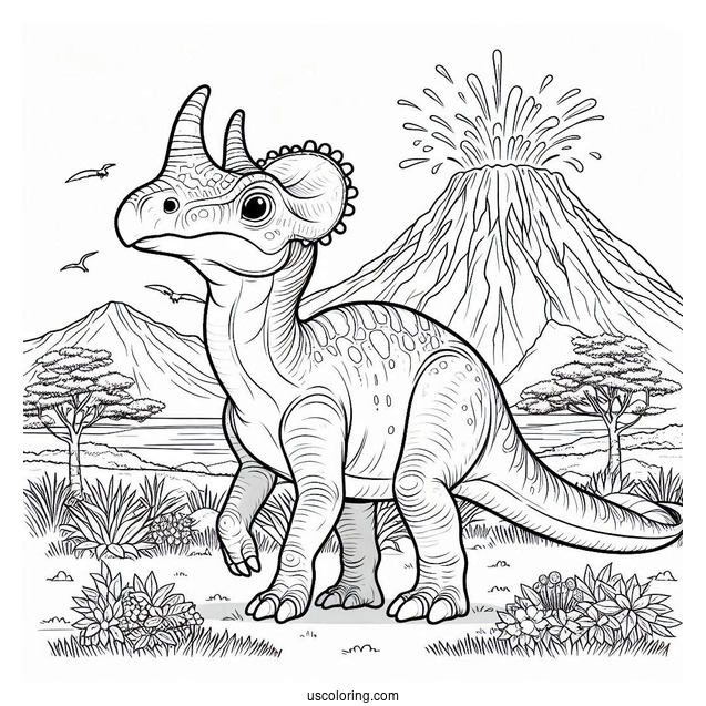 Parasaurolophus Coloring Page Standing In Front Of Volcano