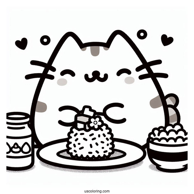 Pusheen Eating Rice And Sushi Coloring Page