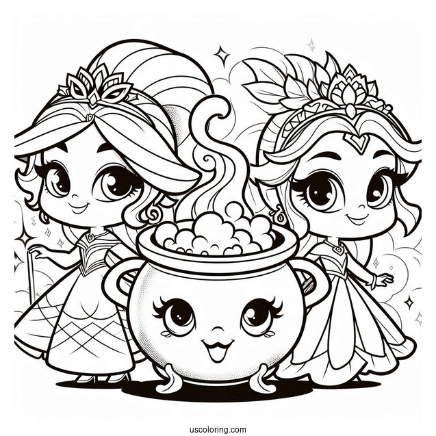 Shimmer And Shine Coloring Page With Smoking Cauldron At The Back With Zeta And Nazboo