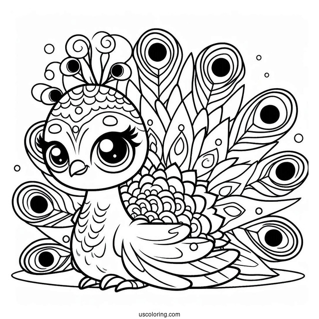 Easy Cartoon Peacock Coloring Page with Big Eyes and Simple Feathers For Kids