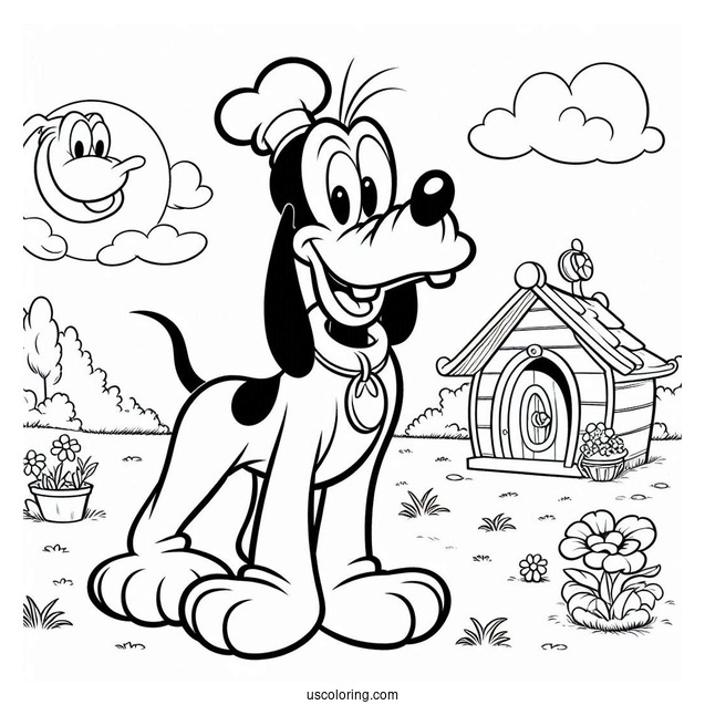 Confuse Goofy Standing Outside Dog House With Pluto Coloring Page