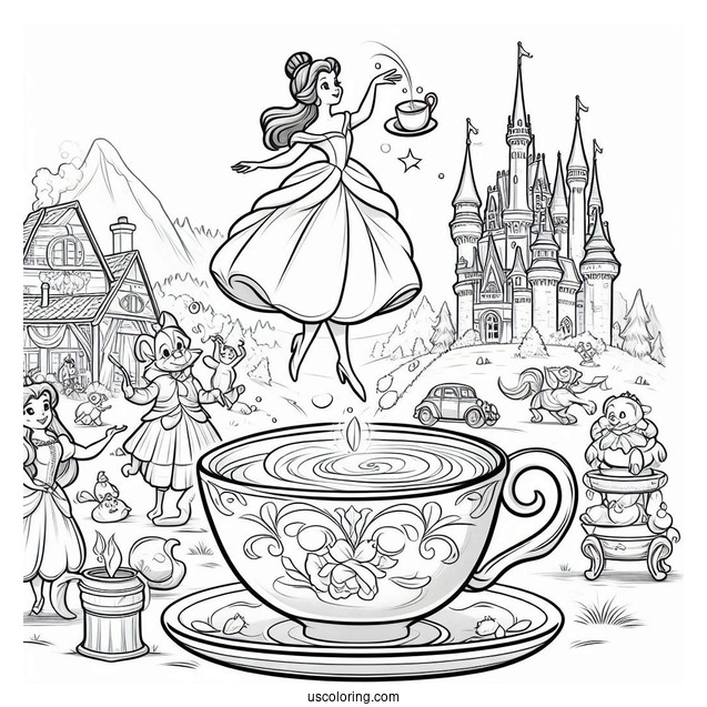 Palace Pets Coloring Page Of Teacup Performing Tricks For Belle And The Villagers
