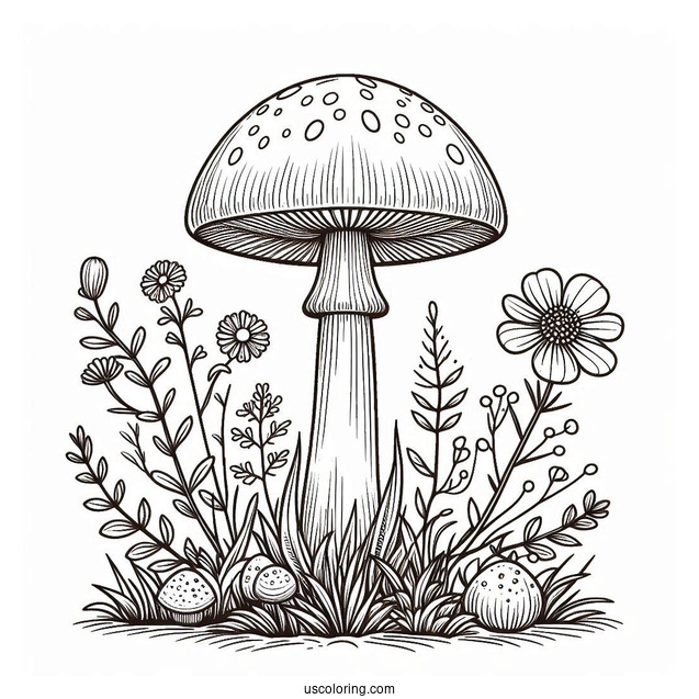Wildflowers And Weeds Growing Around Mushroom Coloring Page