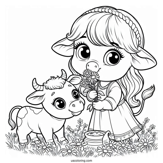Happy Baby Cow Eating Grass Coloring Sheet