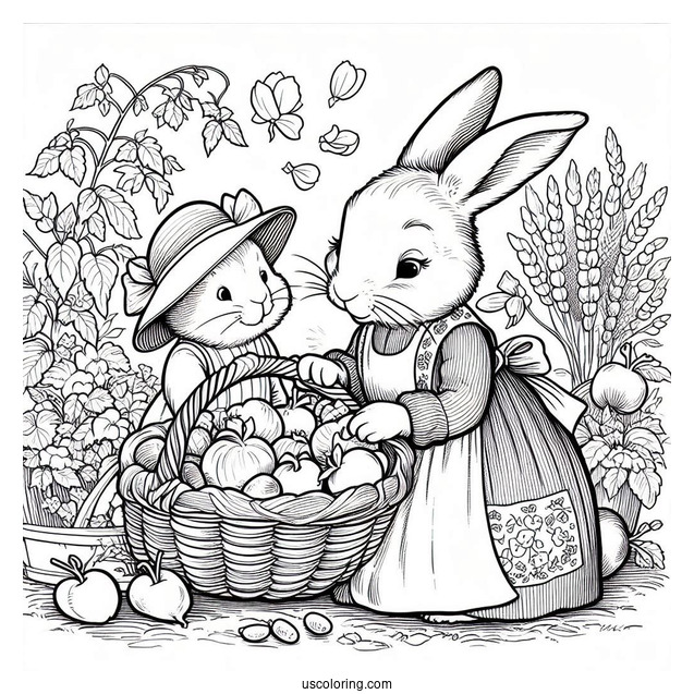 Mrs. Rabbit Harvesting With Peter Rabbit Coloring Page