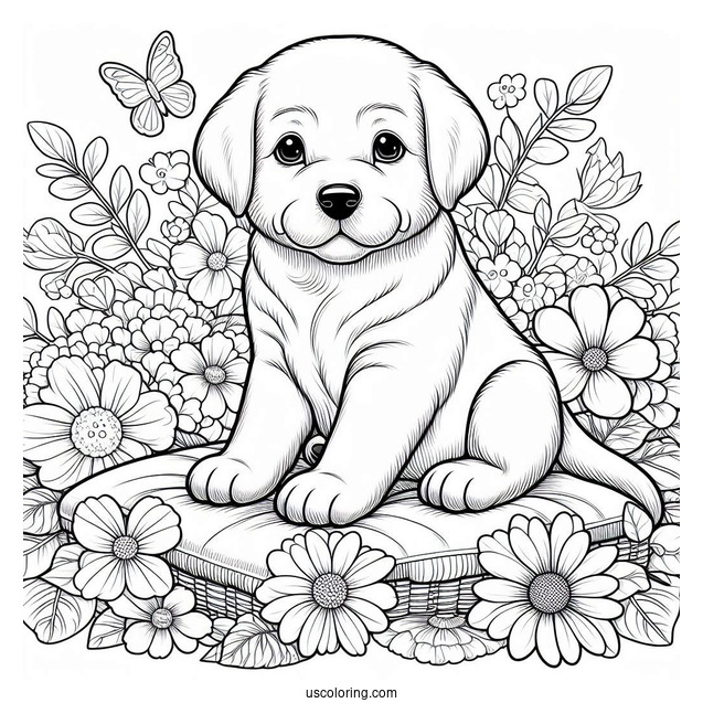 Labrador Puppy On Flower Bed Coloring Sheet