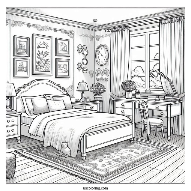 Sunny Bedroom Coloring Page With A Double Bed, Side Desks, Paintings, And Rugs