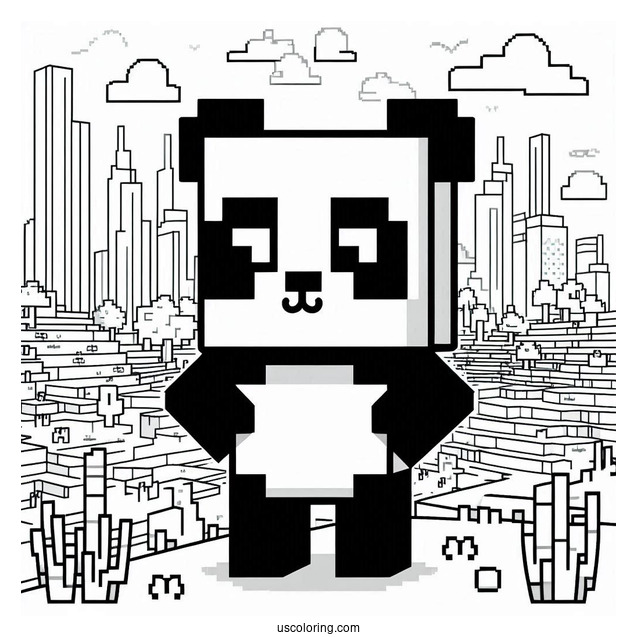 Minecraft Panda Coloring Page Standing in Pixel Landscape For Kids