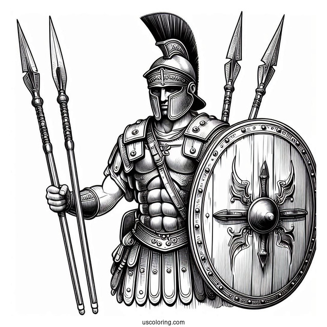 Realistic Roman Soldier Coloring Page With Shield And Spears