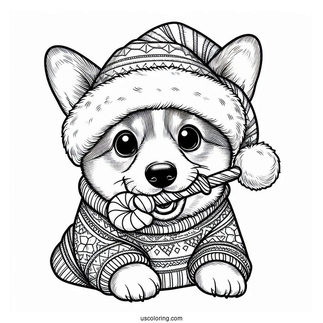 Christmas Coloring Pages For Adults Of Cute Corgi In Sweater Biting A Treat Christmas Coloring Page
