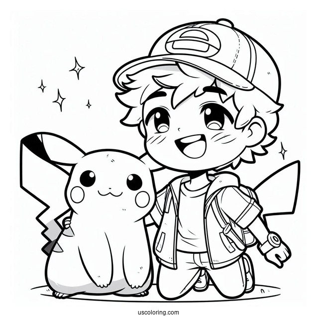 Cute Coloring Page Pokemon Trainer With Pikachu And Eevee