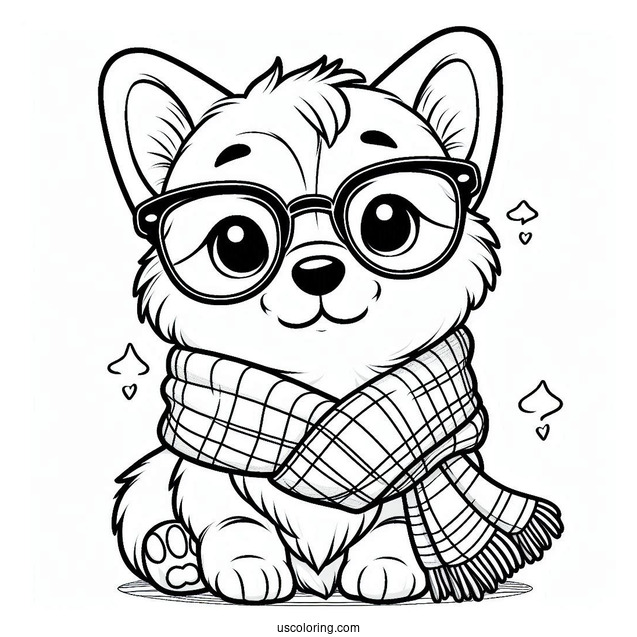 Cute Corgi Coloring Page With Scarf And Eyeglasses For Preschoolers