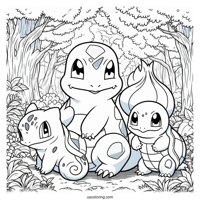 Bulbasaur Coloring Page With Charmander And Squirtle In Forest