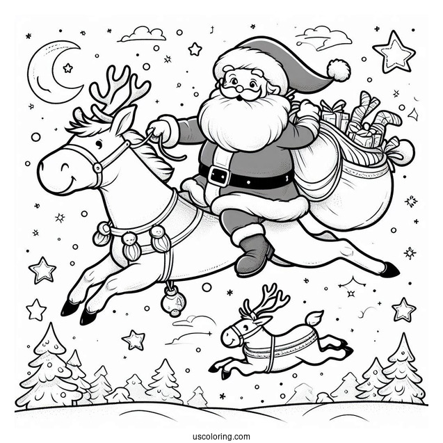 Santa Flying In The Sky With His Reindeer To Color