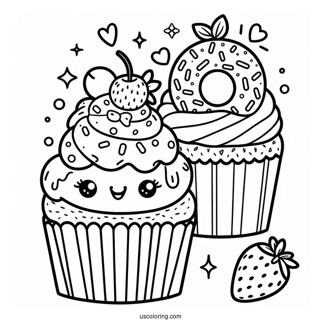 Coloring Page Of Cupcake With Donut To Color