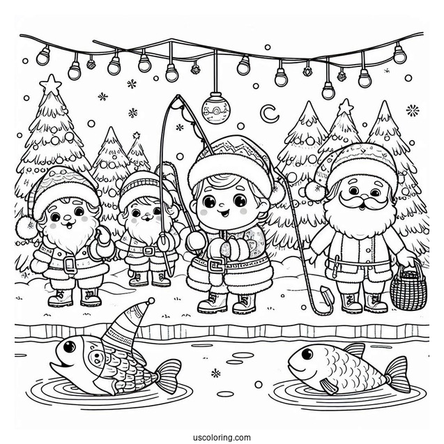 Children Ice Fishing In The North Pole Coloring Page For Kids