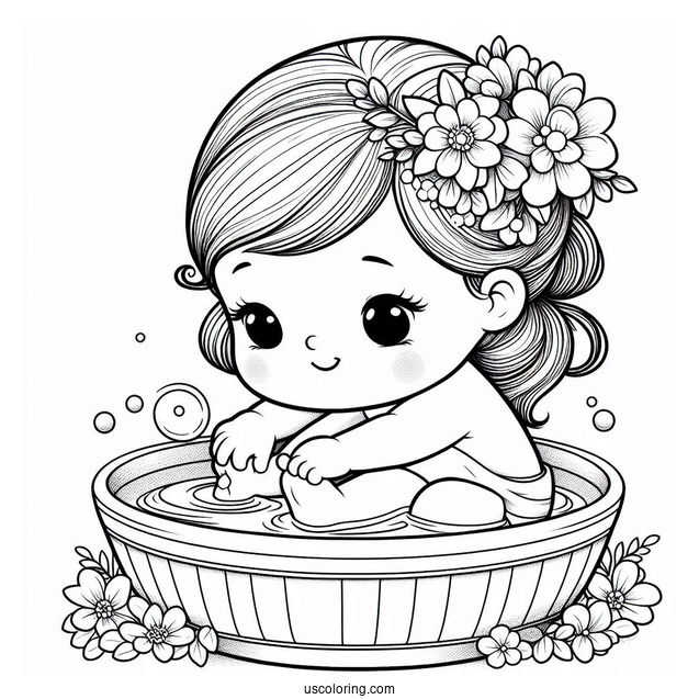 Beautiful Baby Coloring Page Playing In A Basin