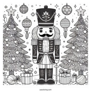 Nutcracker Coloring Page Standing In Front of Two Christmas Trees