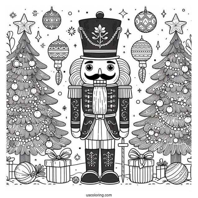 Nutcracker Coloring Page Standing In Front of Two Christmas Trees