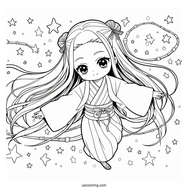 Nezuko Coloring Page In The Air With Stars