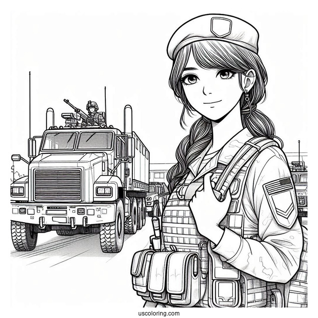 Female Soldier Coloring Page Standing In Front Of Military Truck