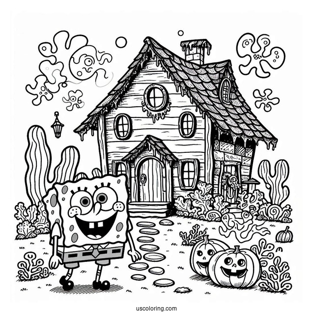 Adorable SpongeBob Coloring Page In Front Of Haunted House