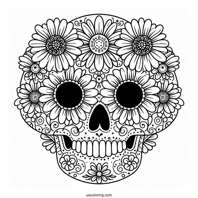 Daisy Patterned Sugar Skull Coloring Page