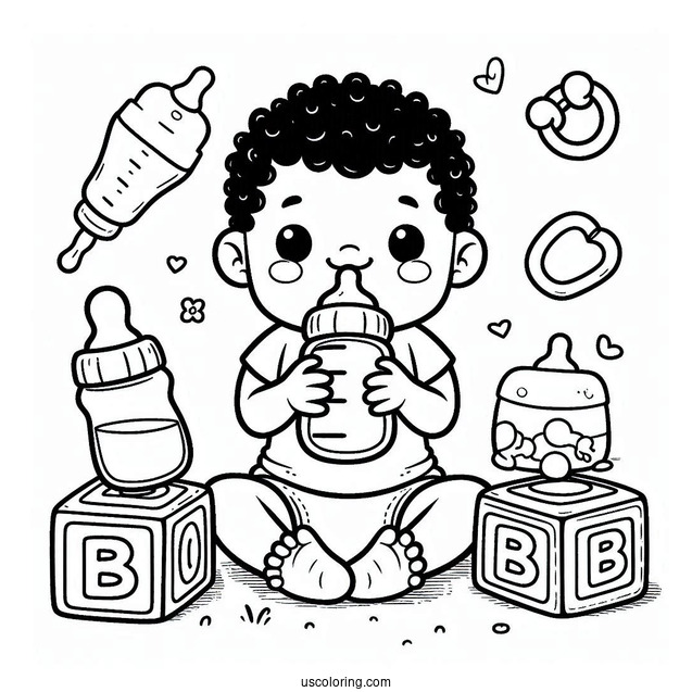 Baby Coloring Page Of Bottle, Pacifier, And Letter Blocks