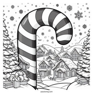 Giant Candy Cane Coloring Page In Winter Wonderland Town