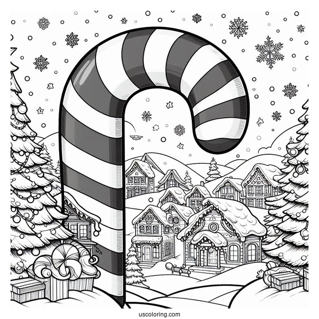Giant Candy Cane Coloring Page In Winter Wonderland Town