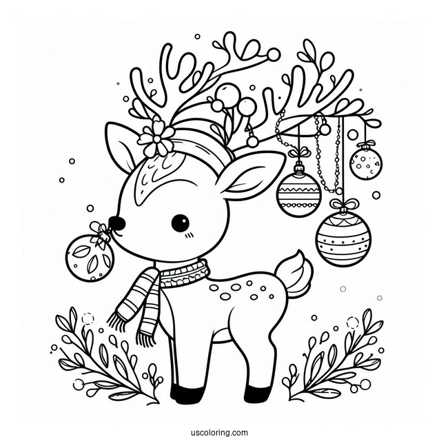Cute Reindeer With Christmas Ornaments Hanging From Antlers