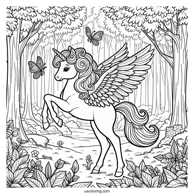 Young Pegasus Coloring Page In The Forest