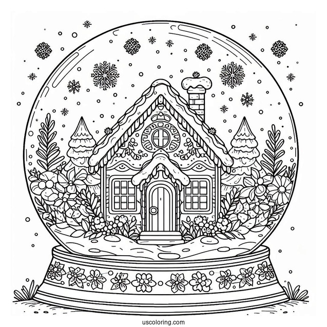 Gingerbread House Snow Globe Coloring Page For Kids