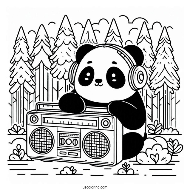 Retro Forest Panda Coloring Page Listening to Boombox