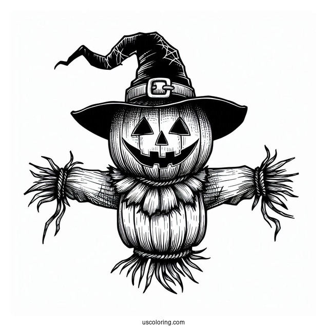 Jack O Lantern Scarecrow Coloring Page With A Top Hat On Halloween