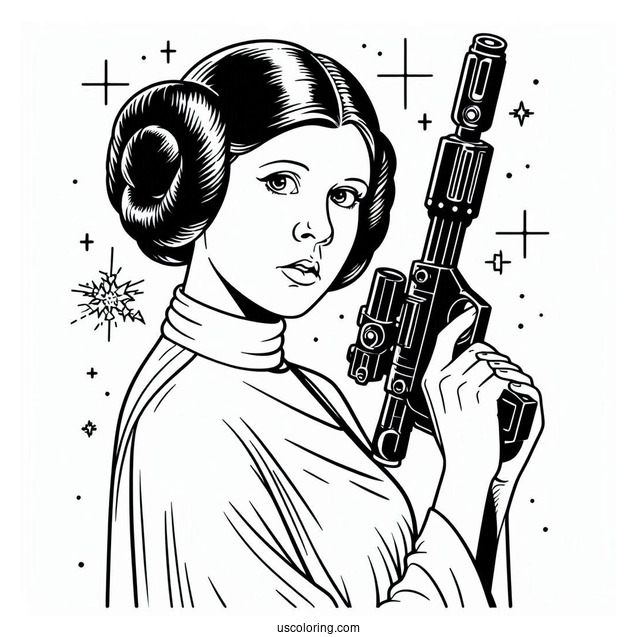 Princess Leia With Blaster Coloring Sheet