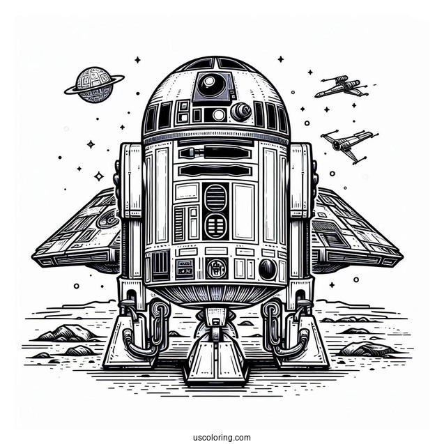 Simple R2-D2 Coloring Page In A Starship
