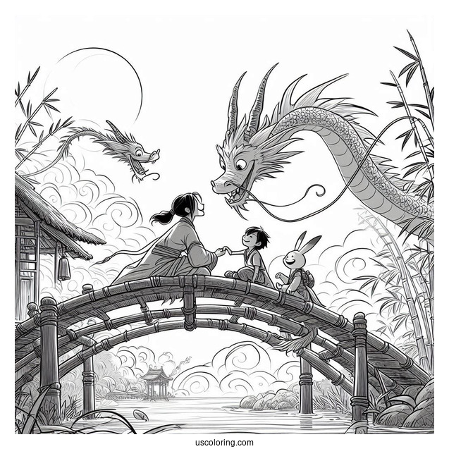 Raya And The Last Dragon Coloring Page Of Ongis Dyan, Pan, and Uka Laughing On Bamboo Bridge