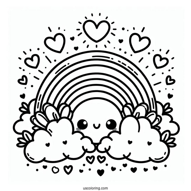 Small Rainbow Coloring Page Surrounded By Love Hearts For Kids