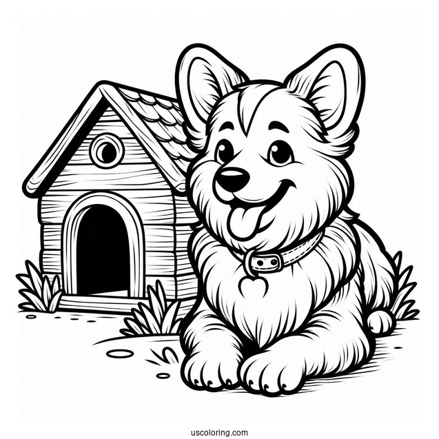 Smiling Corgi Coloring Page Lying Outside Dog House