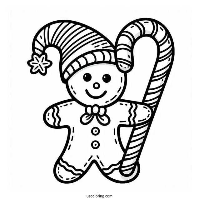 Gingerbread Man With Candy Cane Coloring Page For Preschoolers