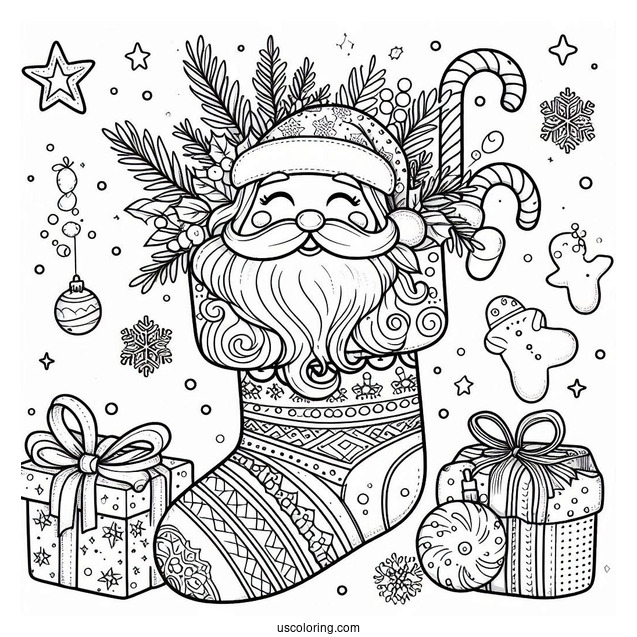 Merry Christmas Stocking With Santa Coloring Page