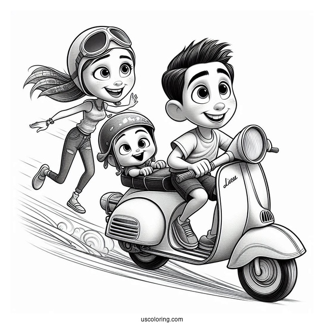 Pixar Coloring Page of Luca, Alberto, And Guila Riding Scooter