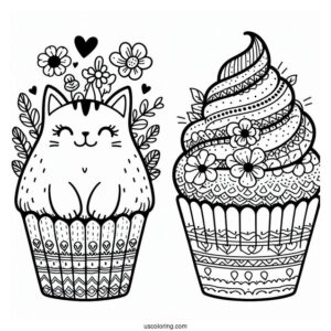 Cat Themed Cupcake To Color For Kids